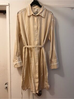 H&M Beige and White Striped Midi Shirt Dress